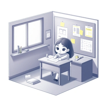 A small doll with bright features is seated at a tiny desk in a miniature classroom setting. The desk is accompanied by a small chair, and scattered around are various school supplies such as pencils and books. In front of her is a tiny chalkboard where she is writing with a miniature piece of chalk. The classroom has delicate details like a small window, a colorful bulletin board, and a few tiny posters on the walls. The overall atmosphere captures a whimsical educational environment, focused on the doll's learning experience.