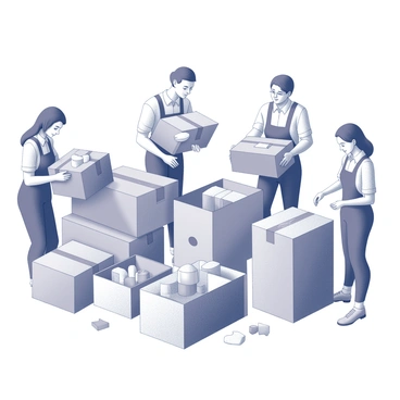 A group of employees is engaged in the process of packing boxes filled with wholesale goods. Each individual is focused on their task, manipulating and organizing the items inside the boxes. One employee is sealing a box with tape, while another is checking an inventory list. Cardboard boxes of various sizes are stacked in the background, and there are packing materials such as bubble wrap and packing peanuts scattered around the area. The workspace is well-lit and organized for efficiency as they prepare the packages for shipment.