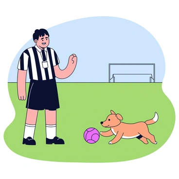 A referee wearing a black and white striped shirt stands on a grassy field. The referee has a whistle hanging around his neck and a focused expression on his face. Next to him, a dog is eagerly fetching a bright red ball. The dog is mid-action, with its tail wagging and ears perked up, capturing the excitement of the moment. The background features goalposts in the distance and a clear blue sky overhead, indicating a sunny day.