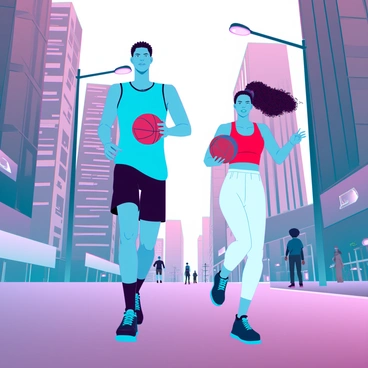 Two players are racing down a bustling city street while dribbling a basketball. The first player, a tall man with short black hair, is wearing a blue jersey and black shorts. He has a determined look on his face as he focuses on the ball bouncing in rhythm with his fast-paced movements. The second player, a woman with curly brown hair tied back in a ponytail, is dressed in a red tank top and white athletic pants. She is slightly ahead, showcasing her speed and agility. The city background is filled with tall buildings, streetlights, and a few pedestrians watching the exciting race. The sun is setting, casting a warm golden light over the scene.