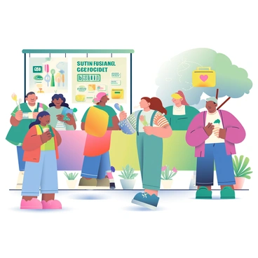 A group of environmentalists is gathered at a green festival, engaging in the trading of sustainable goods. There are various colorful booths displaying eco-friendly products, including reusable bags, bamboo utensils, and organic skincare items. The environmentalists, diverse in age and ethnicity, are animatedly exchanging items and discussing their benefits. In the background, banners made from recycled materials promote sustainability, while small plants and flowers in biodegradable pots are arranged around the festival area. Sunlight filters through the trees, casting dappled shadows on the participants.