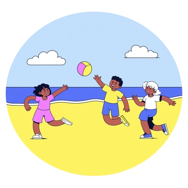 A sunny beach with golden sand stretching across the scene. In the foreground, children are playing joyfully with a colorful beach ball, throwing it to each other with big smiles on their faces. In the background, gentle waves are lapping at the shore, and a few fluffy white clouds are scattered across the bright blue sky.