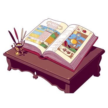 An ornately decorated medieval manuscript is spread open on an antique desk. The manuscript features detailed illustrations and intricate gold leaf embellishments, showcasing vibrant colors on its pages. The antique desk is made of dark wood, with visible carvings and a polished surface. On the desk, there are various quills in a small, ornate holder and an inkpot with shimmering ink, suggesting recent use. Soft light filters in from a nearby window, highlighting the textures of the manuscript and the wood of the desk.