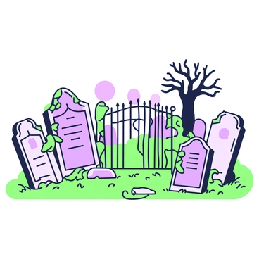 A gothic cemetery features an array of crumbling tombstones scattered throughout the scene. The tombstones vary in shape and size, some leaning precariously while others are barely standing. Overgrown vines snake up the sides of the tombstones, entwining around the engravings and merging with the grass surrounding them. In the background, gnarled trees with twisted branches provide a stark silhouette against the sky. A faint mist lingers close to the ground, enhancing the atmosphere of the cemetery. A wrought iron gate stands slightly ajar, leading into this eerie setting.