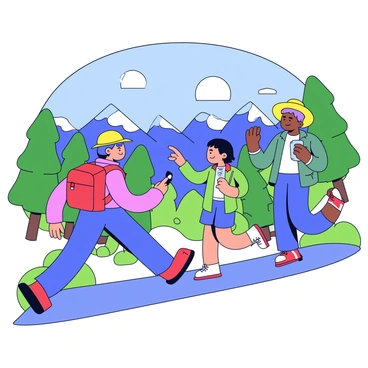 A group of four friends hiking up a mountain trail. One friend, wearing a red backpack, is leading the way with a determined look. The second friend is taking a photo with a smartphone, capturing the "breathtaking views" of distant mountains and a blue sky above. The third friend, wearing a green jacket, is pointing towards the scenery, while the fourth friend, in a yellow hat, is resting for a moment, sipping from a water bottle. The trail is surrounded by green trees and rocks, creating a vibrant natural setting.