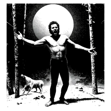 A book page is displayed, showing an illustration of a werewolf transformation scene. In the center, a man stands with his arms outstretched, his body caught in the midst of the transformation. The man's facial features contort as fur begins to sprout from his skin. His hands morph into clawed paws. The background depicts a dark forest, with tall trees silhouetted against a full moon. Scattered around the scene are elements such as tattered clothes on the ground and a mist swirling around the base of the trees. The overall composition captures the dramatic moment of change, emphasizing the tension and chaos of the transformation.