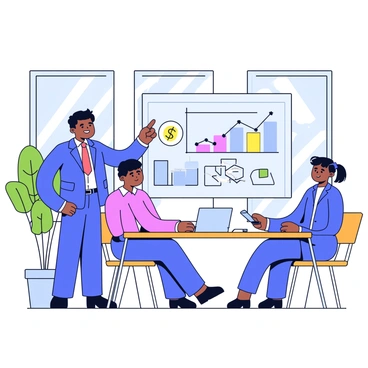 A financial advisor is standing in a bright office setting, wearing a smart suit. The advisor is pointing at a chart on a digital screen that displays various savings strategies. In front of the advisor, there is a couple sitting at a sleek wooden table, attentively listening. The couple consists of a man and a woman, both dressed casually but neatly. Sunlight streams through large windows, illuminating the room filled with simple furniture and a few green plants in the background.