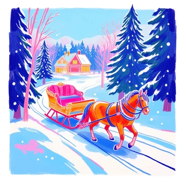 A horse-drawn sleigh moves smoothly through a snow-covered forest. The sleigh is made of polished wood, with ornate details and a plush red blanket draped over the seats. A strong brown horse, adorned with a decorative harness, pulls the sleigh. Surrounding the sleigh are tall evergreen trees, their branches heavy with fresh snow. Soft snowflakes fall gently from the sky, creating a serene winter atmosphere. In the distance, there are hints of a cozy cabin with smoke curling from its chimney.