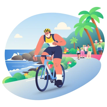 A cyclist with a fit physique is racing along a scenic coastal road during a triathlon. The cyclist is wearing a sleek black and yellow cycling outfit and a matching helmet. The road is lined with vibrant green palm trees and adorned with colorful wildflowers. The ocean is visible on the left side, showcasing waves crashing against the rocky shore. In the background, a clear blue sky is dotted with a few fluffy white clouds. The cyclist is pedaling vigorously, with a determined expression, as a small group of spectators can be seen cheering along the roadside.