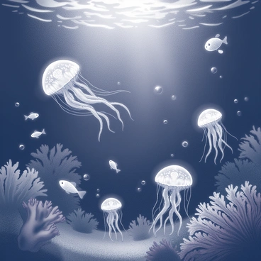 A deep-sea environment filled with various marine life. In the foreground, there are several bioluminescent creatures, including glowing jellyfish with long, flowing tentacles and small fish with luminescent patterns on their bodies. The dark water creates a stark contrast to the soft, ethereal glow emitted by these organisms. Bubbles rise from the ocean floor, creating a sense of movement, while corals and mysterious underwater formations loom in the background, casting shadows in the depths. The scene is tranquil yet alive with the unique beauty of the deep sea.