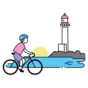 A cyclist, wearing a blue helmet and a bright red jersey, is paused beside a rocky shore. The bicycle is a sleek design with thin tires and a shiny frame. In the background, there is a tall lighthouse, painted in white with a red top, standing against a clear sky. The sea is calm, with gentle waves lapping at the shore. The sun is setting, casting a warm glow over the scene. The cyclist is looking at the lighthouse, taking in the view.