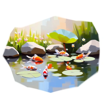 A tranquil koi pond is depicted, with a variety of colorful koi fish swimming gracefully beneath large, green lily pads. The surface of the water reflects the shades of the fish, including bright orange, white, and yellow hues. The lily pads float serenely atop the water, some adorned with delicate white and pink flowers. Surrounding the pond, lush greenery and soft grass create a peaceful setting, inviting viewers to appreciate the harmony of nature. The scene evokes a sense of calm and beauty through the vibrant colors and tranquil movements of the koi fish.