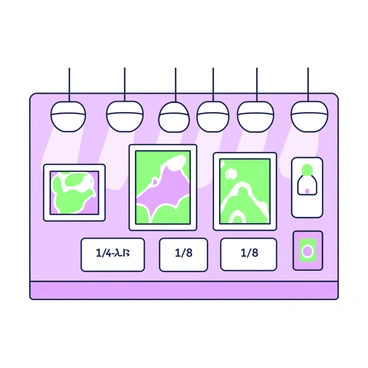 A gallery wall displays an arrangement of various artworks mounted on 1/4 and 1/8 boards. Each piece is neatly framed and labeled with its respective thickness. The artworks vary in size and design, showcasing a mix of abstract and representational styles. The labels are positioned below each artwork, clearly indicating "1/4" or "1/8." The wall itself is a light color, making the colors of the artworks stand out prominently. There is adequate lighting directing attention to each piece, creating a focused and organized presentation of the gallery.