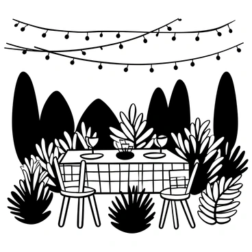 "Fairy lights" draped around "ferns" in a "cozy garden setting" create a soft glow. Several "fern plants" are arranged in clusters, their fronds gently swaying. A "wooden table" with a checkered tablecloth is set with plates and glasses, surrounded by "wooden chairs." "Candles" flicker on the table, casting dancing shadows. The background features various "garden plants" and "trees," silhouetted against the evening sky. "String lights" intertwine with the foliage, enhancing the atmosphere.