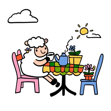 A lamb with fluffy white wool sitting at a small, round outdoor café table. The table is adorned with a colorful checkered tablecloth. The lamb is holding a delicate teacup with its front hooves, and there is a steaming teapot nearby. Potted flowers are placed on the table, adding a charming touch. The setting includes pastel-colored chairs and a sunny day with a few clouds in the sky. The lamb looks content while enjoying its tea.