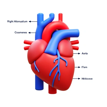 An anatomical drawing of the human heart. The heart is depicted in a realistic style, showing the four chambers: "right atrium," "right ventricle," "left atrium," and "left ventricle." The major blood vessels, including the "aorta," "pulmonary arteries," and "vena cavae," are prominently displayed. Each part of the heart is clearly labeled with arrows pointing to the respective sections. The drawing includes details such as the heart valves, represented accurately for educational purposes.