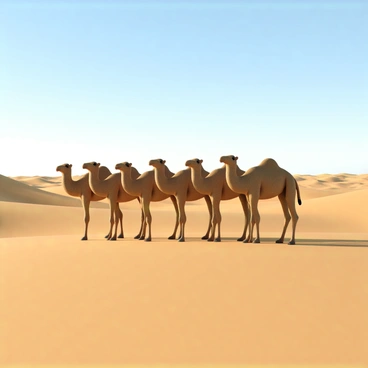 A line of camel humps, each with a smooth, rounded shape, arranged in a gentle, undulating formation across the sandy desert landscape. The camels have a light brown coloration with darker patches, and they stand tall against the backdrop of a clear blue sky. The desert sand is a warm golden hue, reflecting the sunlight and creating soft shadows beneath the humps. Dunes rise and fall in the background, adding depth to the scene. The horizon stretches far, emphasizing the vastness of the desert environment.