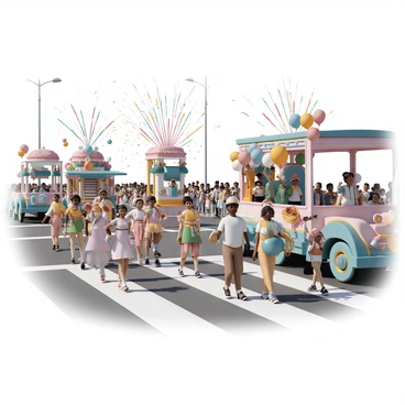 A vibrant parade is taking place on a bustling street. Various floats, adorned with bright colors and decorations, are moving down the road. Participants dressed in elaborate festive costumes are marching alongside the floats. Some are wearing feathered headdresses and sequined attire, while others have painted faces and carry musical instruments. There are balloons and streamers filling the air, creating a lively atmosphere, while the crowd watches and cheers from the sidelines.