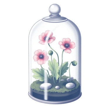 A glass terrarium with a transparent dome shape contains miniature "anemone flowers" with delicate petals and intricate details. The vibrant flowers are interspersed among patches of "moss" that cover the base of the terrarium, creating a soft, green carpet. Tiny pebbles are placed strategically within the terrarium, adding texture to the landscape. The glass walls allow for a clear view of this miniature ecosystem, showcasing the interplay between the flowers and the moss in this contained environment.