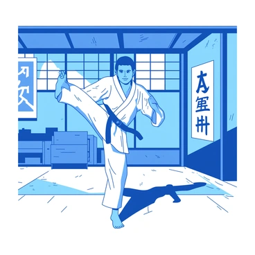 A blue karate practitioner is executing a high kick in the midst of a kata. The practitioner is wearing a traditional white gi and a black belt, showcasing focus and determination. Their left leg is extended upward, while the right leg is firmly planted on the wooden dojo floor. Surrounding the practitioner, the dojo features wooden beams, tatami mats, and decorative wall scrolls depicting martial arts symbols. Soft light filters through the shoji screens, casting gentle shadows across the space, enhancing the atmosphere of discipline and concentration.
