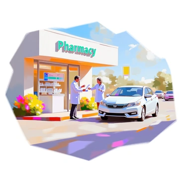 A drive-thru pharmacy lane with a pharmacist handing over a prescription to a driver