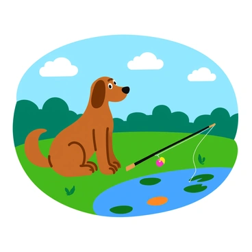 A brown dackel with short legs and a long body is sitting by a tranquil fishing pond. The dog's ears are flopped over, and its tail is wagging slightly. Next to the dackel, there is a fishing rod lying on the ground, with a colorful bobber attached to the line. The pond reflects the blue sky and surrounding greenery, with lily pads floating on the surface. Small fish can be seen swimming just below the water. The scene is sunny, with a few fluffy clouds in the sky.