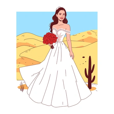 A white bride wearing an elegant western wedding dress is standing in a golden desert landscape. The dress flows gently in the warm breeze, adorned with delicate lace and intricate beading. In the background, the sandy dunes rise and fall, stretching towards the horizon under a clear blue sky. Soft sunlight casts gentle shadows, highlighting the bride's radiant smile as she holds a bouquet of vibrant red flowers. Nearby, a few scattered cacti add to the natural beauty of the desert setting.