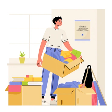 A teenager with short brown hair is packing several cardboard boxes filled with colorful clothes and books. The teenager is wearing a casual t-shirt and jeans while standing in a small, lightly decorated bedroom. There are two open boxes on the floor, one filled with neatly folded shirts and the other stacked with books. A backpack is resting against the wall, and a poster of a university is visible on the wall behind. Sunlight is streaming through the window, illuminating the scene. The teenager has a focused expression, as they carefully decide which items to pack.