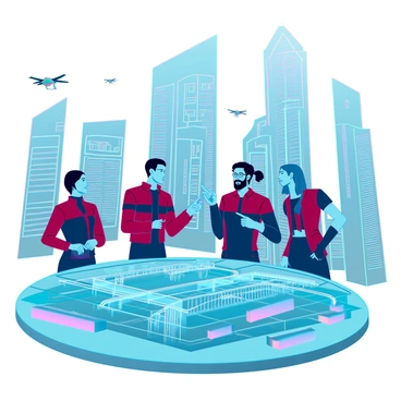 A group of engineers with diverse appearances, including a woman with short hair and glasses, a man with a beard, and a person with long hair tied back, all wearing sleek, modern uniforms. They are gathered around a large, circular table covered with multiple interactive screens displaying real-time data and 3D models of a futuristic cityscape. The screens show vibrant holographic graphics depicting various infrastructure elements, such as bridges, buildings, and transportation systems. In the background, tall skyscrapers made of glass and metal rise against a bright blue sky, and drones can be seen flying outside the building's large windows. The engineers are engaged in a discussion, pointing at the screens, with expressions of concentration and teamwork.