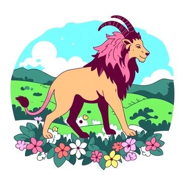 A chimeric beast with the head of a lion, the body of a goat, and the tail of a serpent is standing majestically in a vibrant landscape. The lion's mane is flowing and colorful, while the goat's fur is a mix of shades. The serpent tail curls elegantly around the beast. In the background, there are rolling hills covered in lush green grass, and a bright blue sky with fluffy white clouds. Colorful flowers are blooming around the creature, creating a lively and dynamic atmosphere.