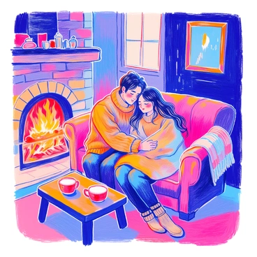 A couple is cuddling on a cozy couch in a rustic cabin. The man has short dark hair and is wearing a warm sweater, while the woman has long flowing hair and is dressed in a soft blanket. They are nestled closely together, looking content and relaxed. In front of them, a roaring fireplace emits bright orange flames, casting a warm glow across the room. The walls of the cabin are made of rough-hewn wooden logs. A small coffee table in front of them has two steaming mugs, and a knitted throw blanket is draped over the back of the couch.