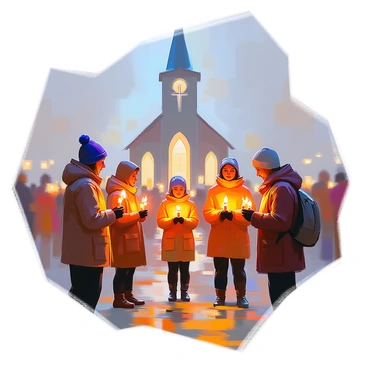 A group of parishioners gathered outside a church during an evening vigil, each holding a lit candle that illuminates their faces with a warm glow. The individuals are dressed in a variety of winter clothing, some with scarves and hats, reflecting the cool evening air. The church, with its tall steeple and stained-glass windows, serves as a backdrop, its silhouette outlined against the darkening sky. The atmosphere is solemn, with a few parishioners standing in quiet prayer while others exchange soft whispers. The flickering candlelight creates a sense of unity among the attendees, casting gentle shadows on the ground.