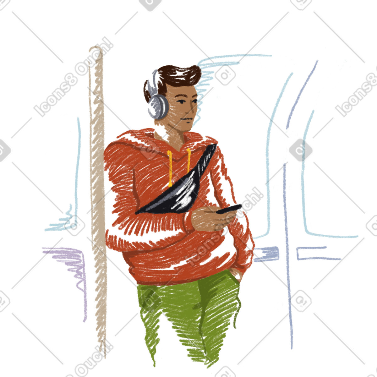 Uomo che fa il pendolare nel vagone della metropolitana illustrazione animata in stile Sketchbook scaricabile in GIF, Lottie (JSON), AE