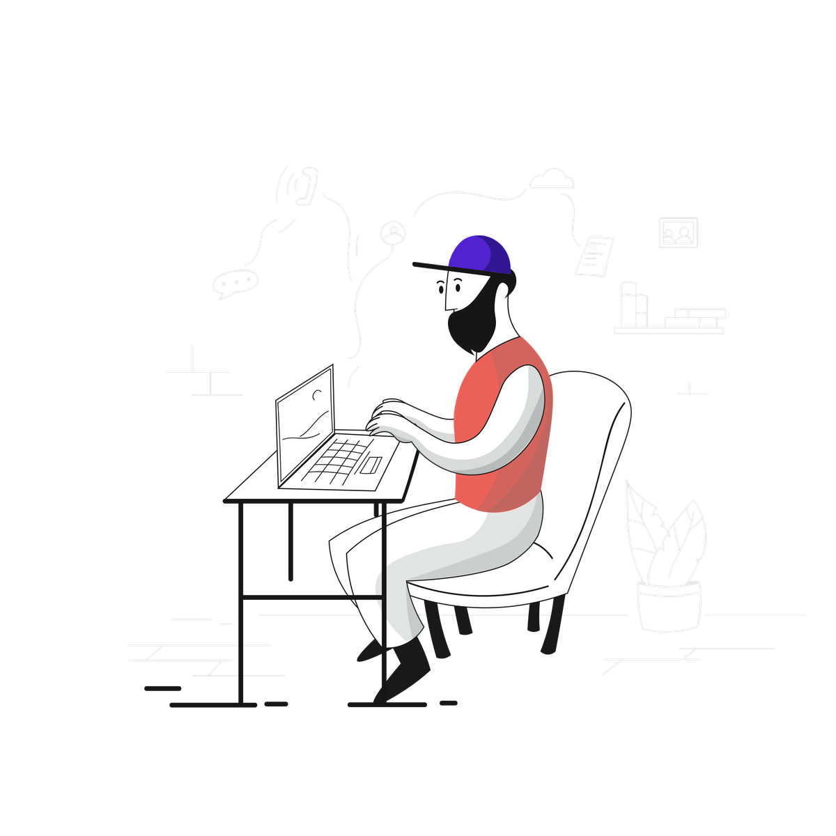 Pixeltrue スタイルの Working on laptop at desk, work from home setup のイラストをPNG、SVG形式でダウンロード
