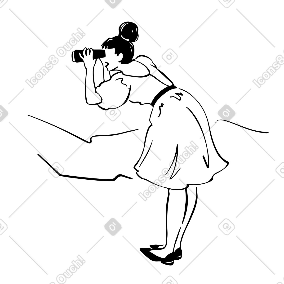 Ilustración Mujer vestida mirando a través de binoculares en estilo Line descargar en PNG y SVG