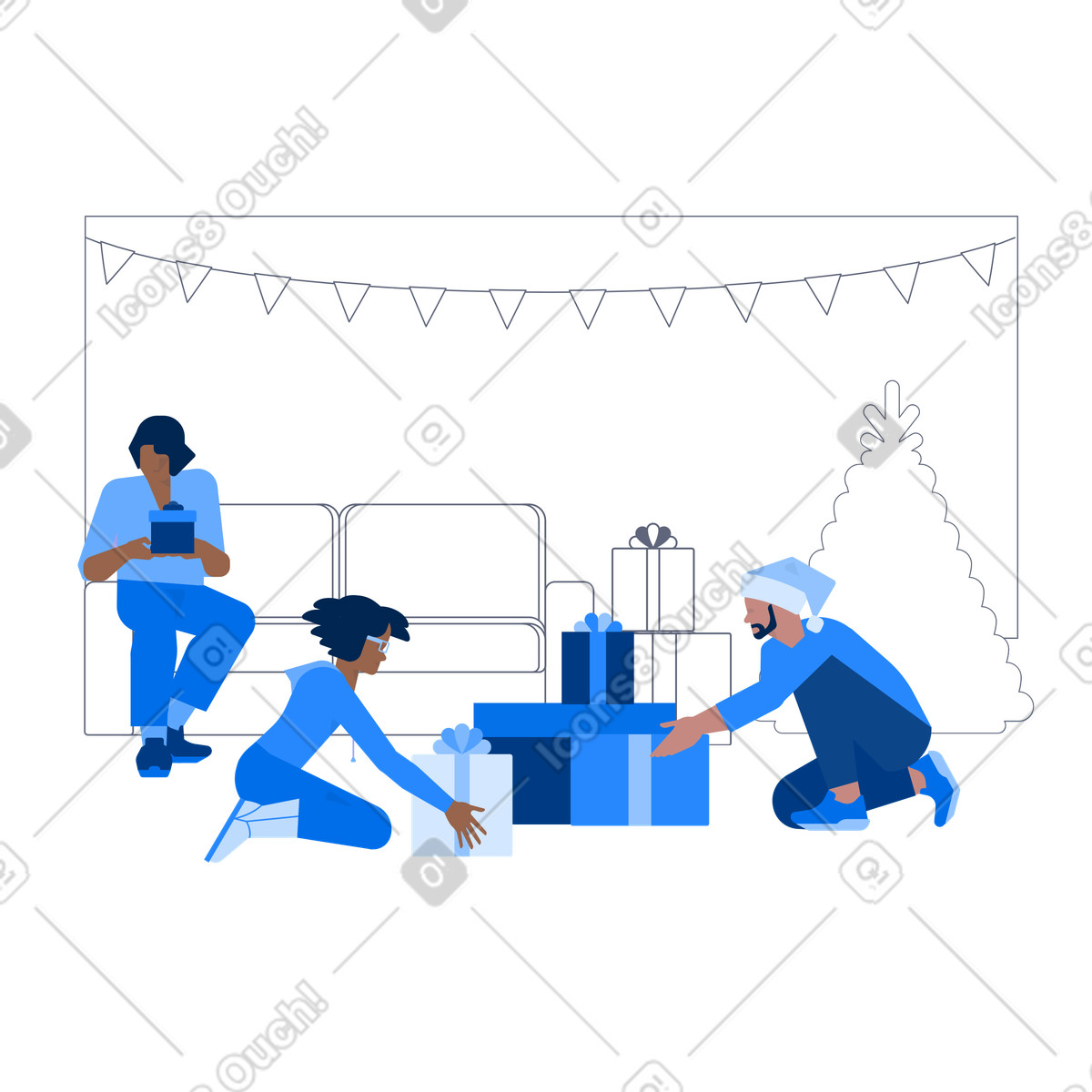 Illustration Famille préparant des cadeaux pour noël dans le style Urban à télécharger aux formats PNG, SVG