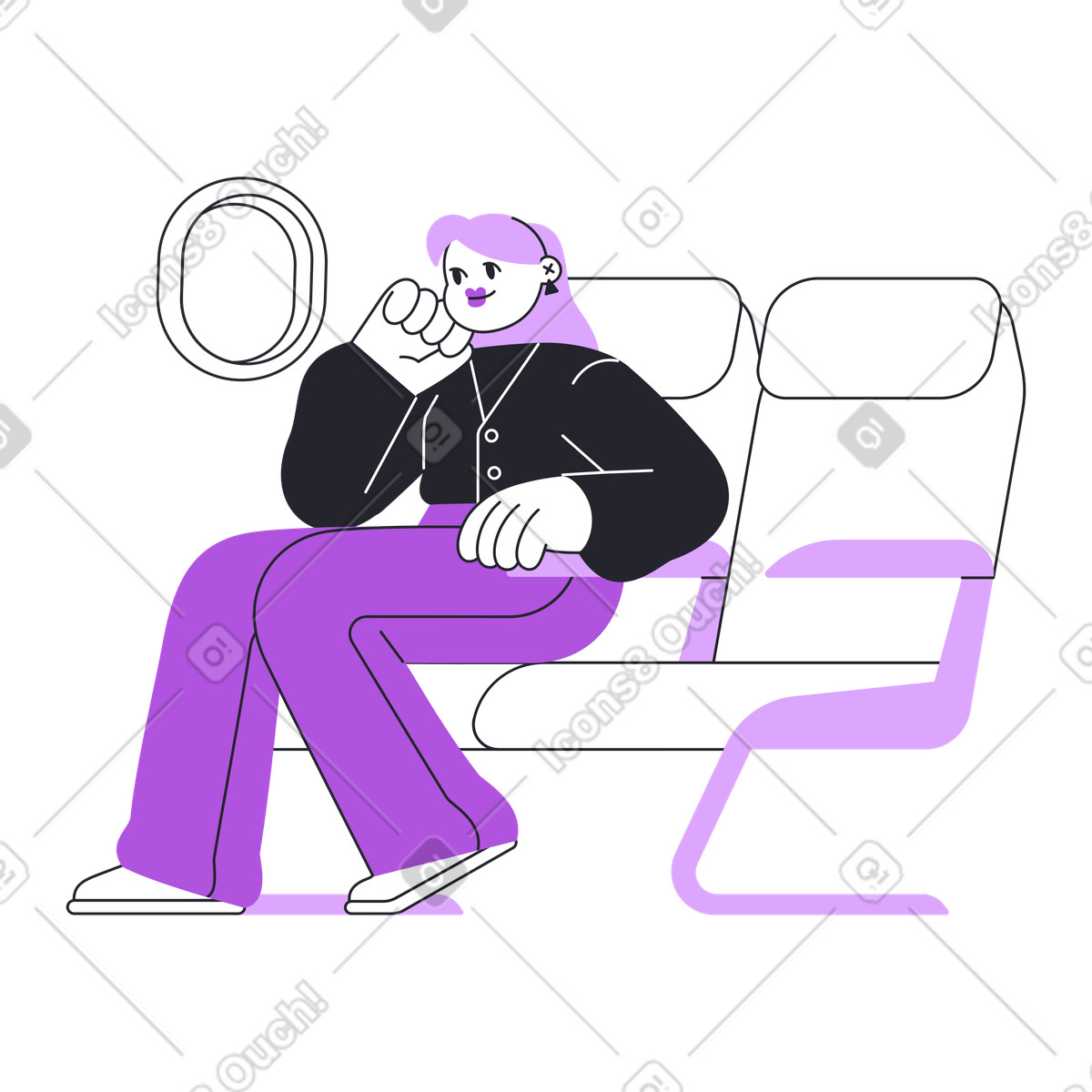 Ilustração de Mulher sentada no assento do avião ao lado da janela em estilo Grapy para baixar em PNG, SVG