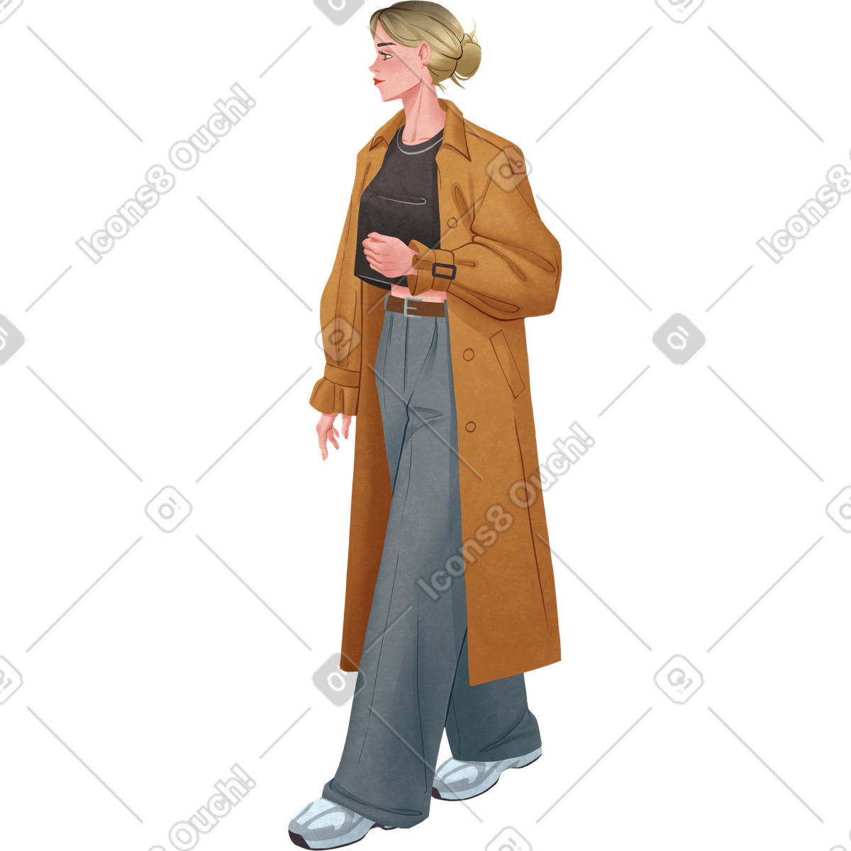 Woman in trench coat standing and looking forward illustration Lifestyle style download PNG, SVG