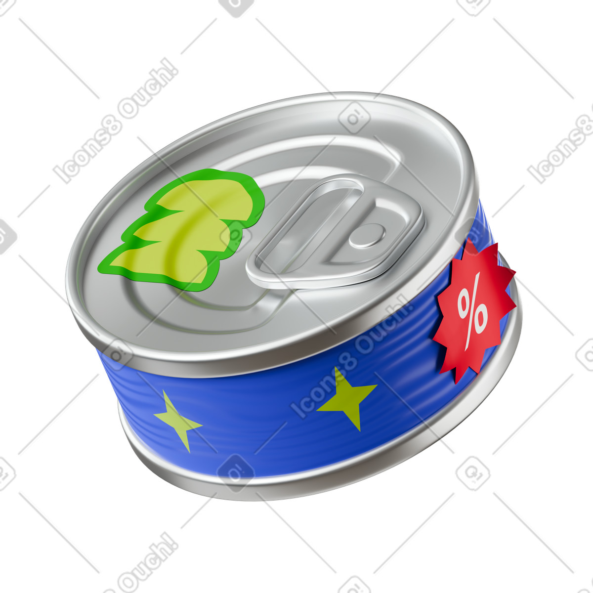 Illustration Metal can with easy open lid promotional discount star sticker dans le style 3D Stickle à télécharger aux formats PNG, SVG