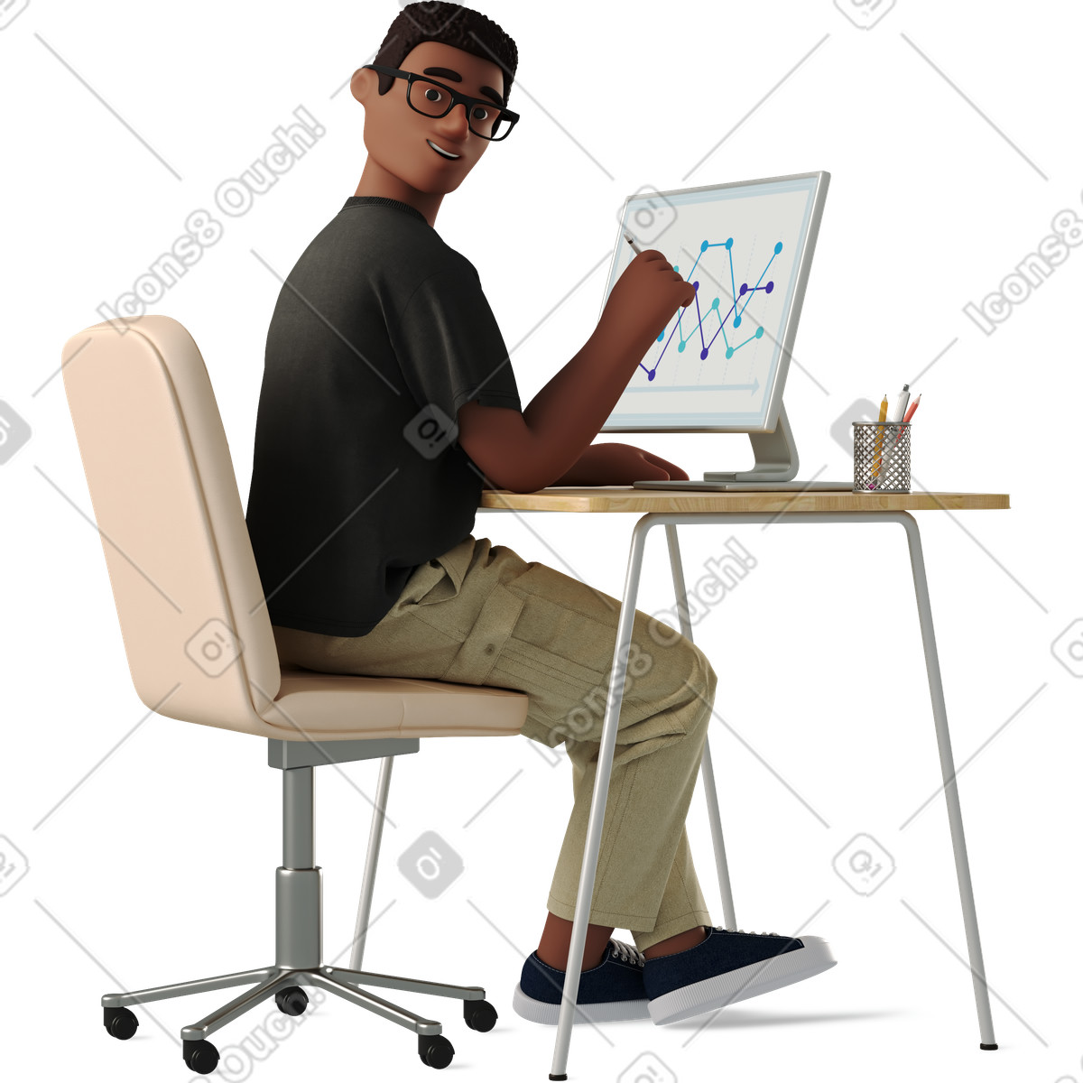 Mann drehte sich um, während er am computer arbeitete-Illustration im 3D Business-Stil als Download in PNG, SVG