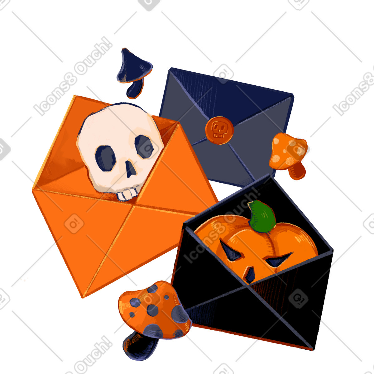 Cartoline e lettere di halloween con teschio, zucca funghi illustrazione in stile Experimental scarica in PNG, SVG