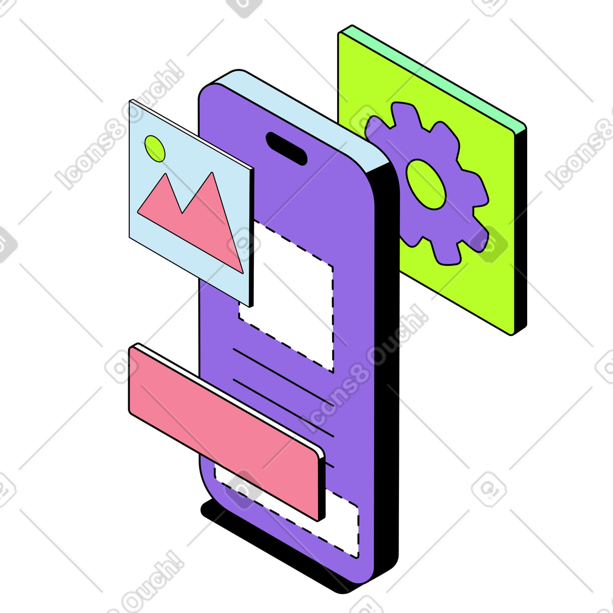 User interface elements on smartphone animated illustration in GIF, Lottie (JSON), AE