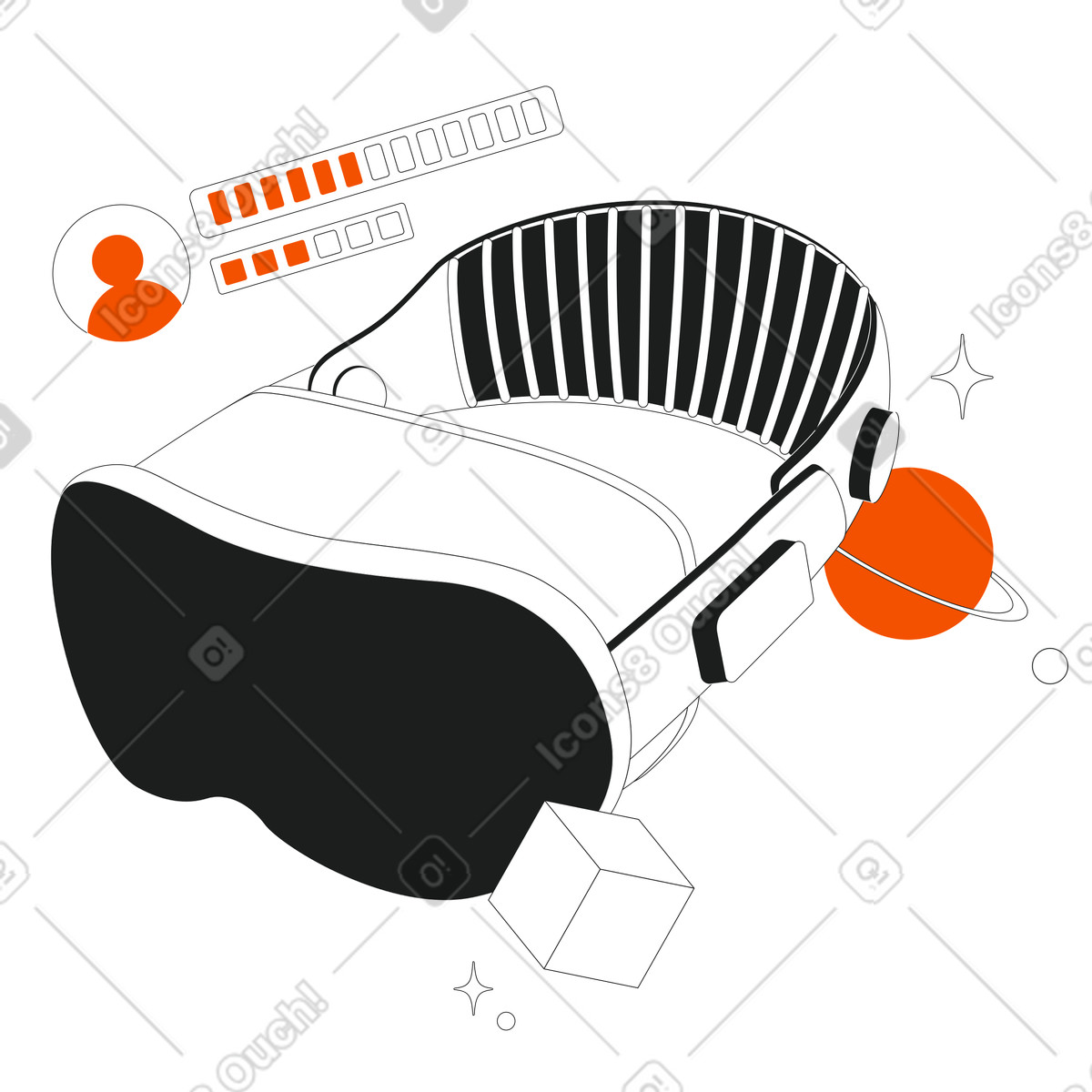 VR headset with floating icons, Digital content interaction-Illustration im Strict-Stil als Download in PNG, SVG