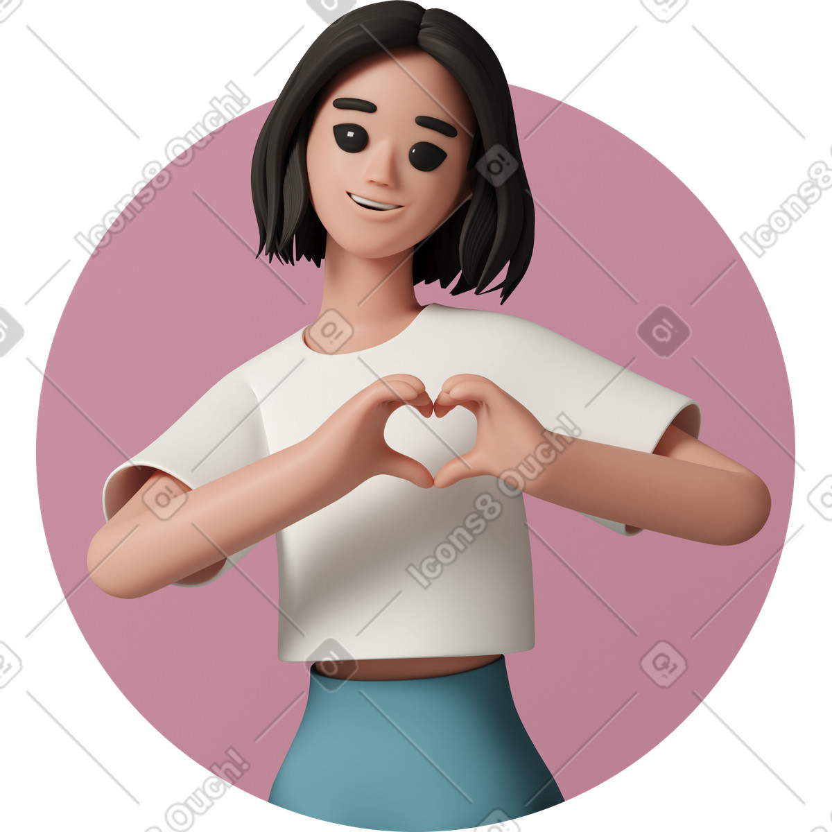 下载 3D Casual life 风格的 Avatar of happy woman making heart shape with hands 插画，支持 PNG、SVG 格式