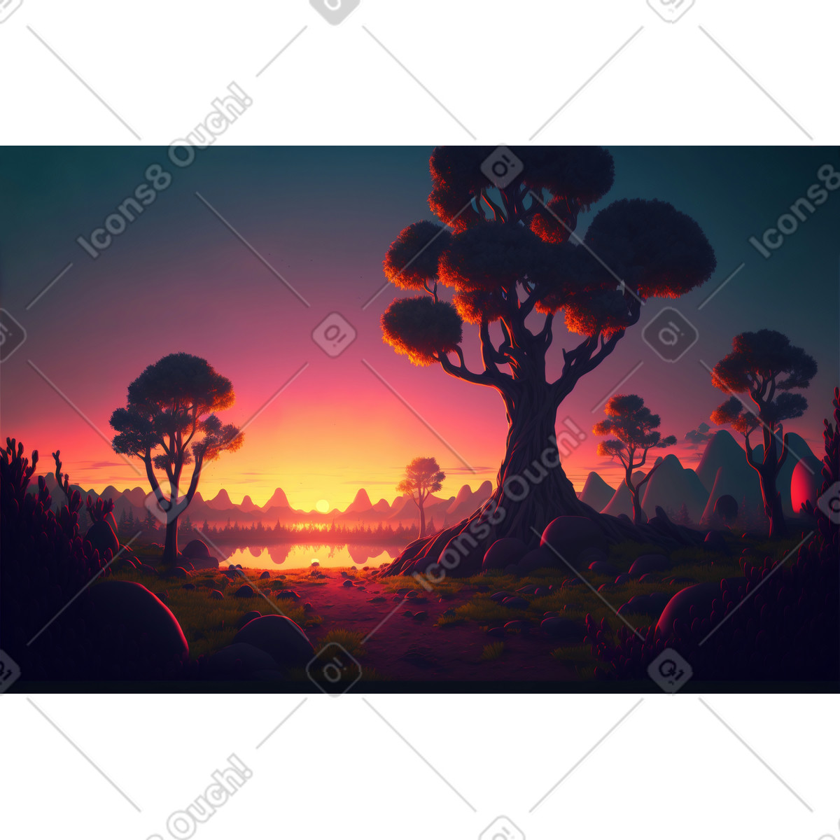 Ilustración Fondo de puesta sol fantasía 3d en estilo Experimental a descargar en PNG y SVG