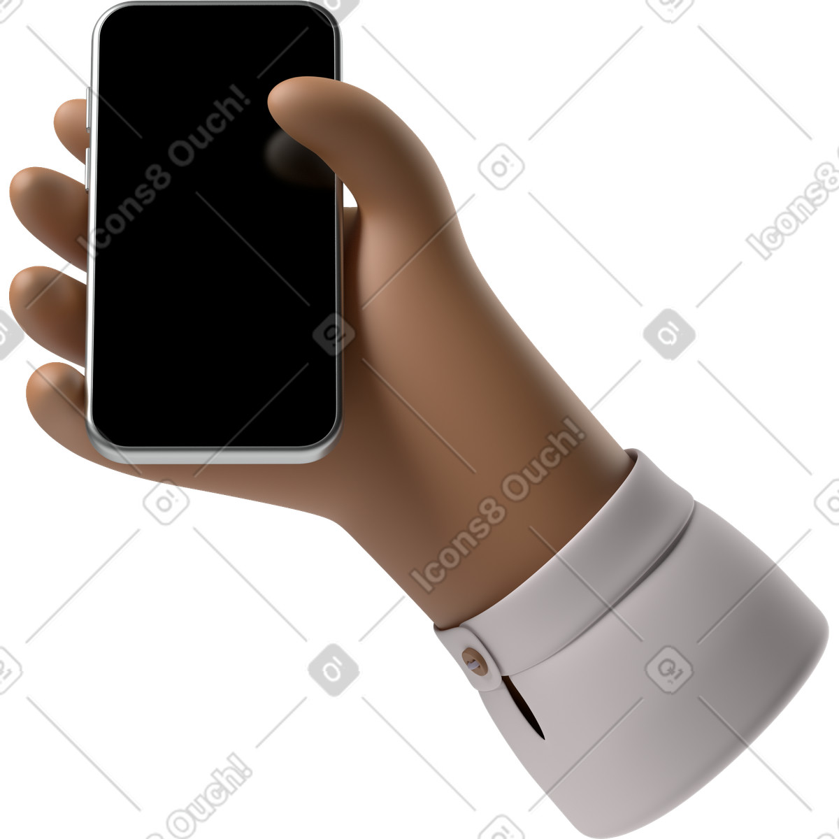 Illustration Main de peau brune tenant un téléphone dans le style 3D Hands Fun&Wild à télécharger aux formats PNG, SVG