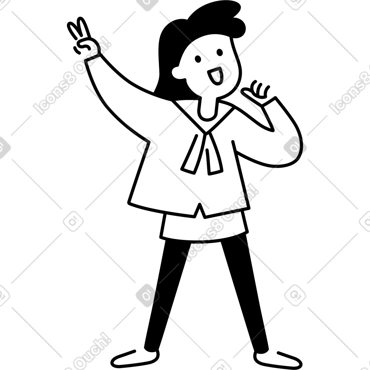Singer character holding peace sign and waving hand while performing-Illustration im Notion Line Art-Stil als Download in PNG, SVG