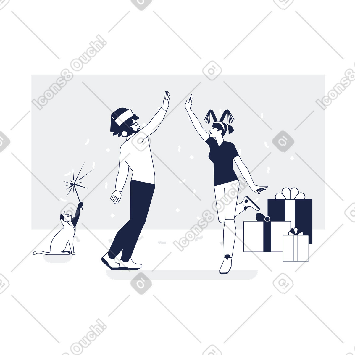 Friends having fun at Christmas party with gifts, Winter holiday gathering illustration in Urban Line style download in PNG, SVG
