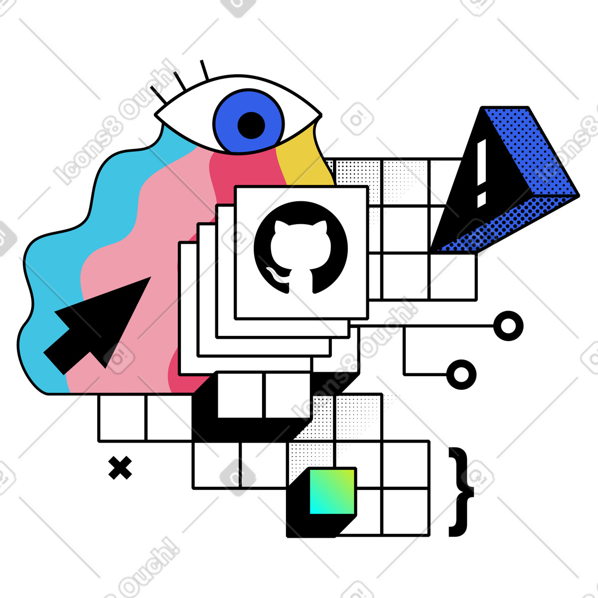 Github projects with watching eye illustration in Memphis style download in PNG, SVG