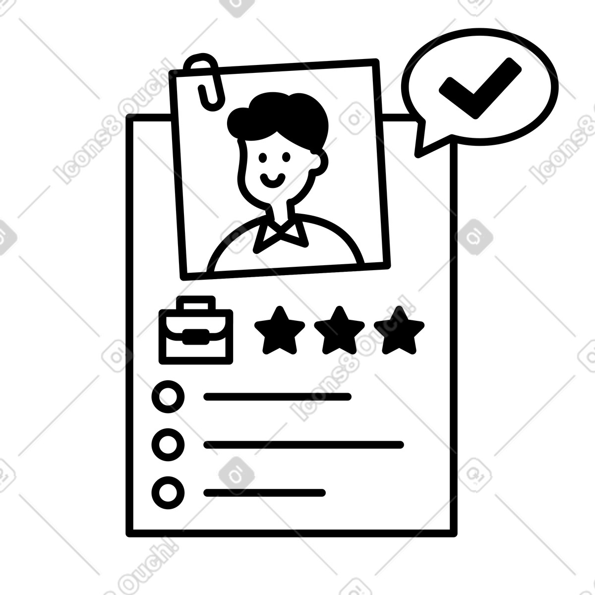 Notion Line Art スタイルの Job application resume with briefcase icon and positive approval checkmark のイラストをPNG、SVG形式でダウンロード